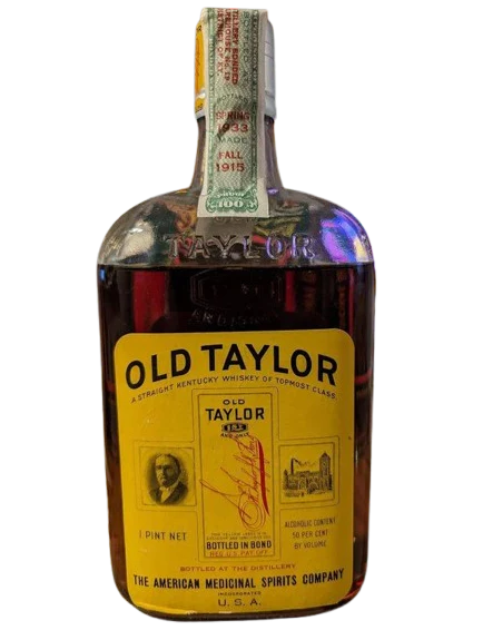 1915 Old Taylor Bourbon Bottled 1933 Prohibition Bottling Quart, low fill