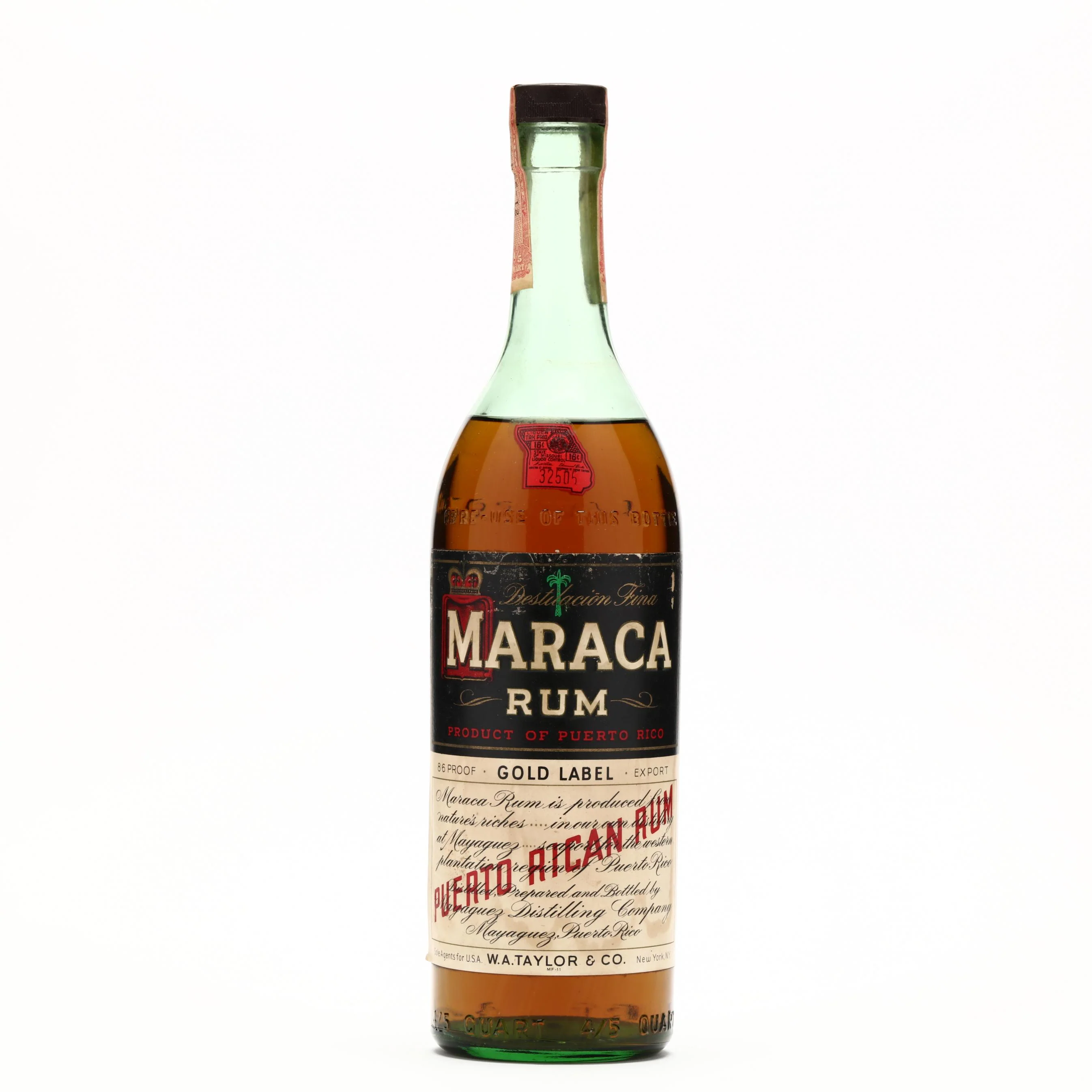 Maraca Gold Label Puerto Rican Vintage Rum Mayaguez Distilling Company 1946
