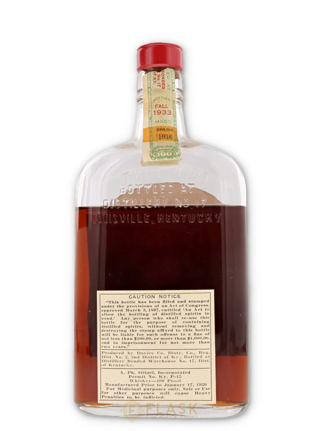 Old Mock PH Stitzel 18 Year Old Prohibition Bourbon Full Pint 1917 - Image 2